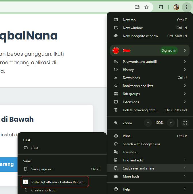 Petunjuk instalasi PWA melalui menu browser